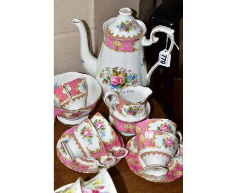 A ROYAL ALBERT 'LADY CARLYLE' PATTERN PART COFFEE SERVICE, comprising coffee pot and cover, cream jug, sugar bowl, a larger s