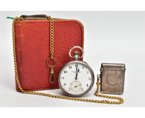 A SILVER OPEN FACE POCKET WATCH AND A SILVER VESTA, round white dial signed 'William.E.Johnson, Birmingham &amp; Dudley', Ara