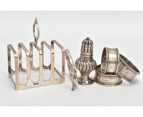 A SELECTION OF SILVER ITEMS, to include a hinged silver bangle with foliage style engraved pattern and safety chain, hallmark