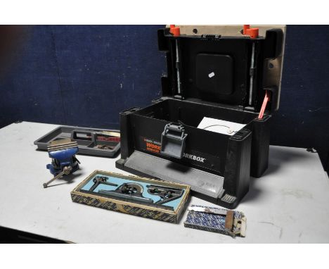 A BLACK AND DECKER WORKMATE WM450 containing hand tools, engineers vice, and a Moore and Wright three piece combination squar