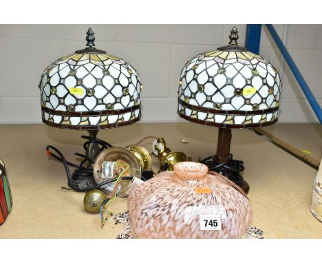 DECORATIVE LIGHTING ETC, COMPRISING TWO MODERN TIFFANY STYLE TABLE LAMPS, height approximately 34cm, a glass and beaded lamps