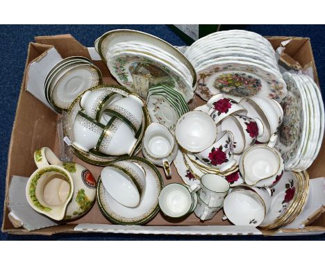 A BOX OF CERAMIC PART TEA SETS ETC, to include twenty five pieces of Royal Grafton Majestic, comprising cake plate, milk jug,