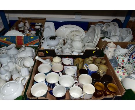 SIX BOXES OF ASSORTED TEA AND DINNER WARES ETC, to include plates, bowls, cups and saucers, egg cups, milk jugs, individual p