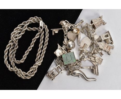 A CHARM BRACELET AND ROPE CHAIN, white metal chiselled chain bracelet fitted with twenty-seven charms, with a spring clasp an