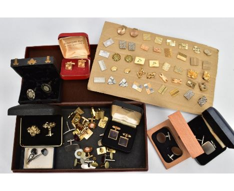 SELECTION OF CUFFLINKS, to include a pair of white metal cufflinks with detailing of a face and surrounding pattern including