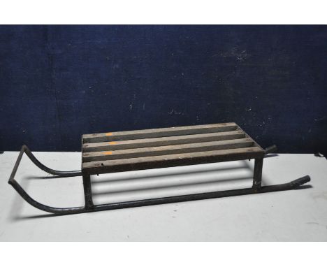 A VINTAGE BESPOKE SLEDGE metal tubular frame with four wooden slats