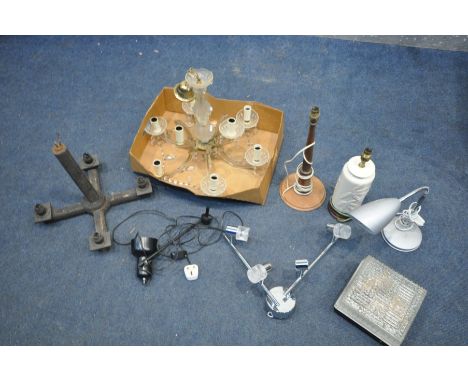 A SELECTION OF LIGHTING, to include a venetian six branch ceiling light, a cream ceramic table lamp, and six other lamps (8)
