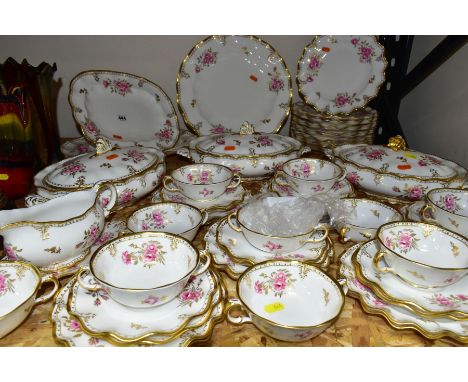 A FIFTY SIX PIECE ROYAL CROWN DERBY 'ROYAL PINXTON ROSES' A1155 DINNER SERVICE, to include three tureens (two with cracks to 