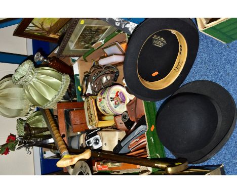 TWO BOXES AND LOOSE PICTURES, WALKING STICKS, METALWARES AND SUNDRY ITEMS, to include two Bowler hats made by J Moores and So