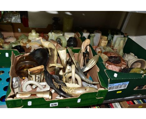 THREE BOXES OF ALABASTER, MARBLE, ONYX AND HORN ITEMS ETC, to include vases, book ends, bowls, barometer, candle holders, tri