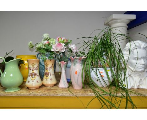 A GROUP OF VASES, PLANTERS, BUST ETC to include a pair of Crown Devon Etna vases (sd) height 23cm, a white contemporary jardi