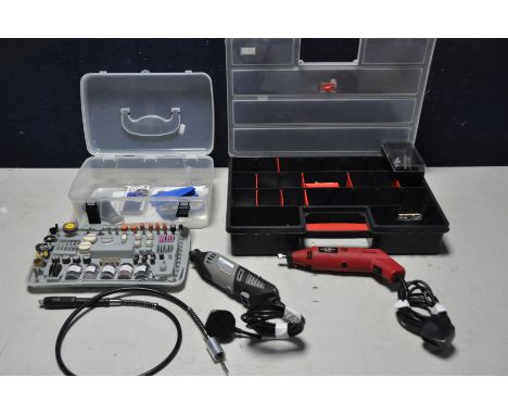 A CHAMPION MINI ROTARY TOOL SET in case with carbon steel brushes cut off wheels etc along with a smaller Maplin rotary tool 