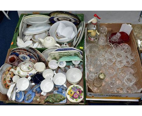 THREE BOXES OF CERAMICS AND GLASS WARES, to include cut glass and crystal drinking glasses by makers including Thomas Webb, a