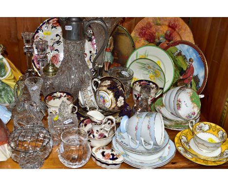 A GROUP OF CERAMICS AND GLASSWARES, to include trios by Aynsley, Gladstone (two), Paragon (two) and Crown Staffordshire (thre