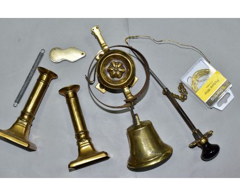 A SMALL BOX OF METALWARE, comprising a 19th century brass and iron servant's bell, a Victorian bell pull with ceramic knob an