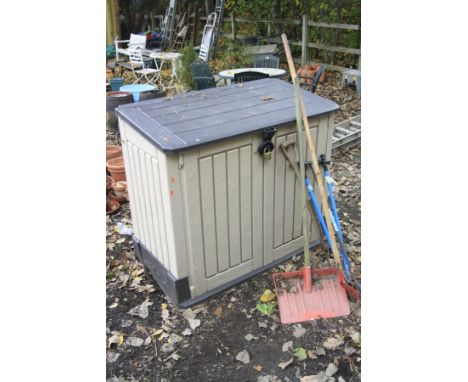 A PLASTIC OUTDOOR STORAGE UNIT, with double doors and a hinge top, width 127cm x depth 72cm x highest point 110cm, together w