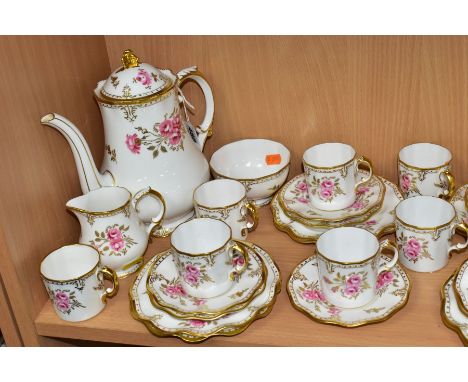 A ROYAL CROWN DERBY 'ROYAL PINXTON ROSES' COFFEE SERVICE, comprising a coffee pot and cover, a small sugar bowl, a cream jug,