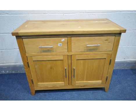 A LIGHT OAK SIDEBOARD with two drawers, width 96cm x depth 47cm x height 78cm