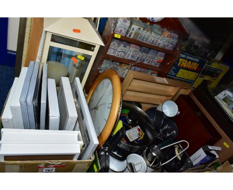 HOUSEHOLD SUNDRIES, two boxes and loose of household sundries including pots, pans, plates, mugs, fondue, a wall clock, a woo