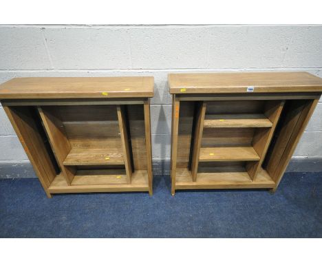 A PAIR OF SOLID OAK OPEN BOOKCASES/CD RACKS with two shelves (one missing shelf peg and one unit later raised but can be remo