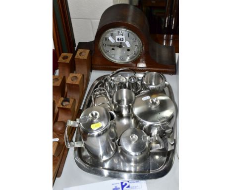 A 1920'S OAK CASED DOME TOP MANTEL CLOCK, A GROUP OF OLD HALL STAINLESS STEEL TEAWARES AND A PAIR OF OAK CANDLEHOLDERS, the m