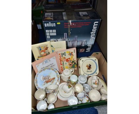 A BOX OF ASSORTED CHILDRENS CERAMIC TEAWARES, MABEL LUCIE ATTWELL COLLECTABLES AND A BOXED BRAUN MULTISYSTEM K1000 FOOD PREPA