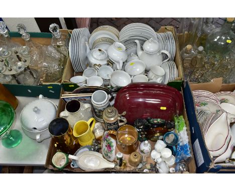 FIVE BOXES AND LOOSE CERAMICS AND GLASS ETC, to include Waterford Marquis and Thomas Webb decanters, both in good condition, 