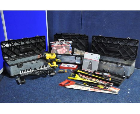 THREE STANLEY TOOL BOXES containing a selection of different tools to include a number of saws, Motrax heavy duty chain tool,