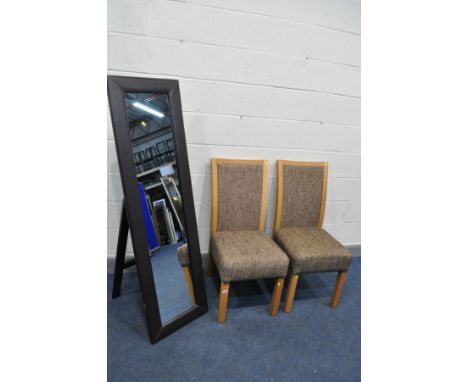 A PAIR OF LIGHT OAK DINING CHAIRS, and a brown leatherette rectangular floor mirror (3)