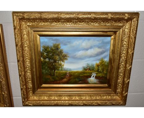 K STEVENS (CONTEMPORARY)  TWO LANDSCAPE OILS ON BOARD PAINTED IN A LATE 18TH CENTURY STYLE, signed lower left and right, Henr