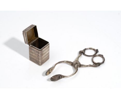 A French square silver box, early 19th century, with hinged cover and engine turned bands, 2.5 x 2.5 x 4cm and a pair of scis