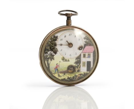 A French silver cased consular pocket watch, with automaton, circa 1795, the dial with off-set chapter ring and decorated wit