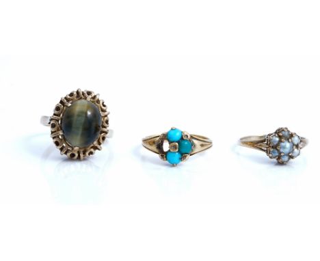 A Victorian gold, turquoise and rose diamond cluster ring (one turquoise lacking), apparently unmarked, ring size K and a hal