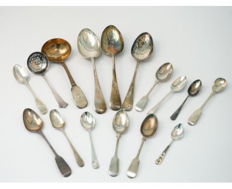 Silver flatware, comprising; a bottom marked tablespoon, maker Hester Bateman, London 1778, a pair of Old English pattern tab