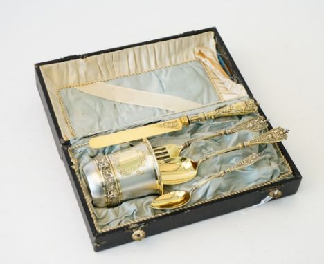 A Continental parcel gilt five piece christening set, last quarter of the 19th century, comprising; a beaker, the band decora