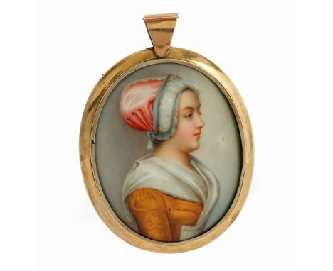 A pendant locket, 19th century, set with an oval porcelain plaque painted with a young lady facing to dexter, glazed locket t