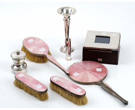 A group of silver and silver mounted wares, comprising; a square hinge lidded trinket box, with a central glazed photograph a