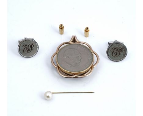 A gold stick pin mounted with a cultured pearl, two brass pin fittings, a pair of silver cufflinks, the circular fronts monog