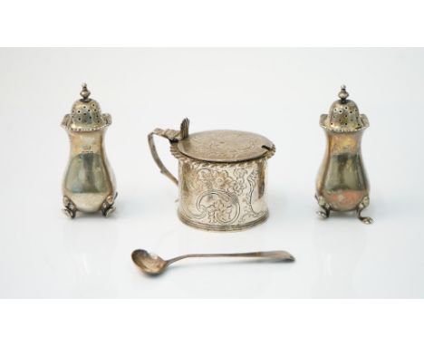 Silver, comprising; a Victorian mustard pot, of cylindrical form with a gadrooned rim, the hinged lid and the sides with flor