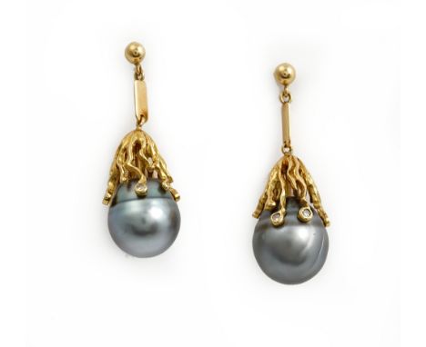 A pair of 18ct gold, cultured pearl and diamond set pendant earrings, each mounted with a grey tinted freshwater cultured pea