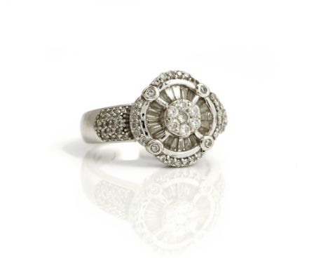 An Iliana 18ct white gold and diamond cluster ring, of shaped circular form, the central cluster mounted with seven circular 