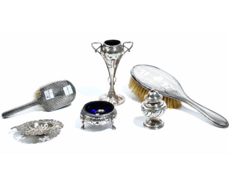 Silver and silver mounted wares, comprising; a twin handled vase of Art Nouveau design, the hallmark rubbed, a Victorian circ