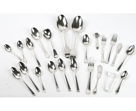 A group of silver table flatware, comprising; two fiddle pattern tablespoons, a set of six grapefruit spoons, Sheffield 1952,