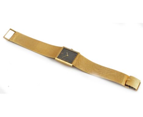 An Eterna 18ct gold rectangular cased gentleman's bracelet wristwatch, the signed black dial with gilt baton numerals and wit