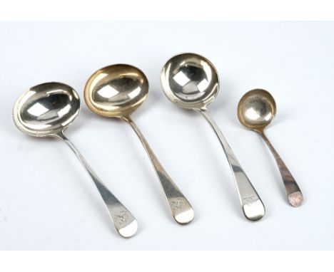 Silver, comprising; a pair of George III Old English pattern sauce ladles London 1794, another Old English pattern sauce ladl