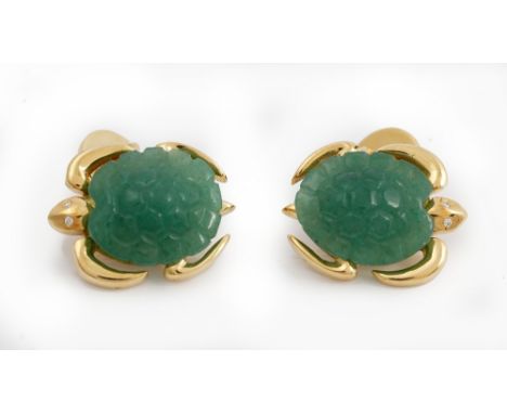 A pair of gold and carved jade dress cufflinks, each front modelled as a turtle, having a carved jade shell and with diamond 