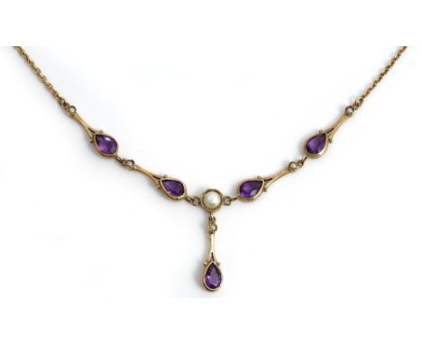 A 9ct gold, amethyst and cultured pearl necklace, the front collet set with five pear shaped amethysts, a central cultured pe