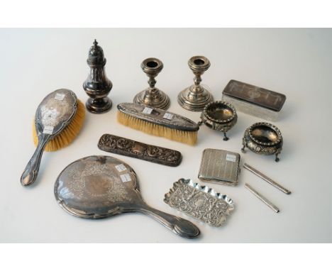 Silver and silver mounted wares, comprising; a sugar caster, Birmingham 1916, a shaped rectangular trinket dish, London 1898,