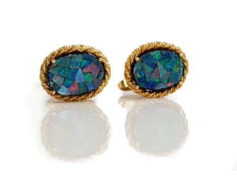 A pair of 9ct gold and opal dress cufflinks, each oval front having a opal mosaic within a cast ropetwist surround, the backs