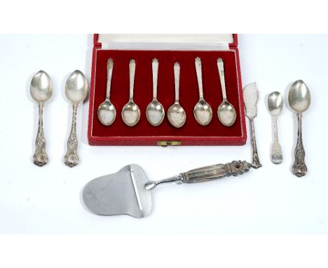 Silver and silver mounted wares, comprising; three Victorian King's pattern teaspoons, London 1860, an Irish fiddle pattern m